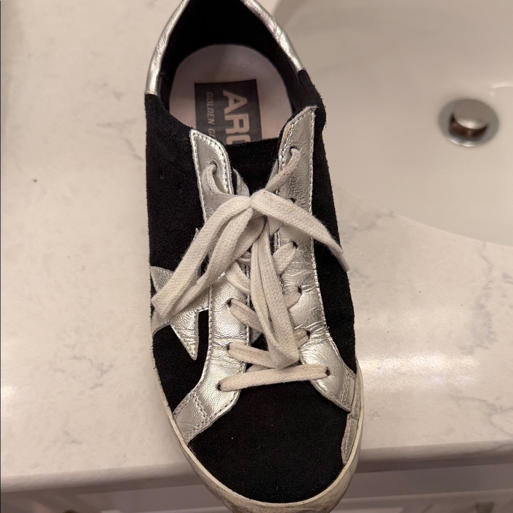 Golden Goose Inspired Black Suede Star Low-Top Sneakers with Silver Accents - Picture 2 of 3